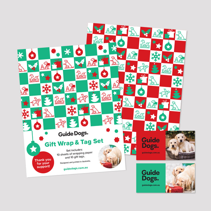 An example of wrapping paper set with icons of Guide Dogs in training in both green and red colour way.