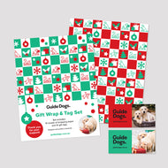 An example of wrapping paper set with icons of Guide Dogs in training in both green and red colour way.